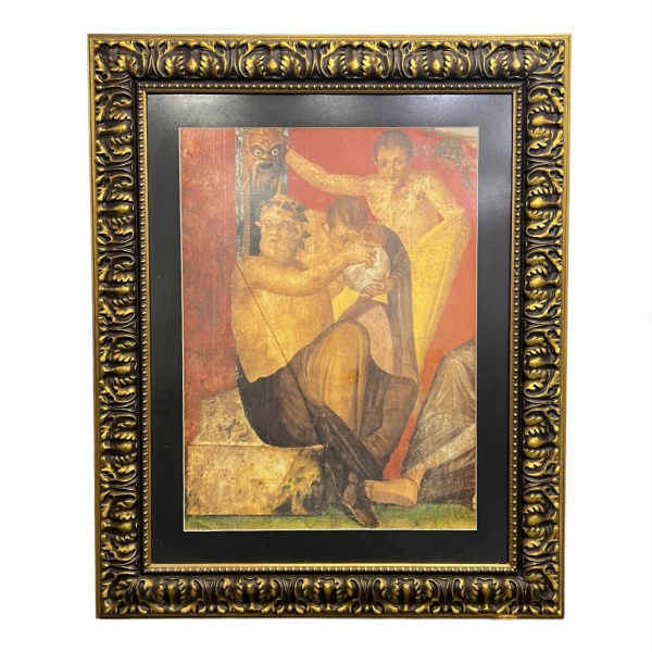 Impressão reproduzindo o afresco Rituais Dionisíacos, da Villa dos Mistérios, em Pompeia, importante conjunto de pinturas murais da Roma Antiga. A composição retrata personagens em cerimônia de caráte