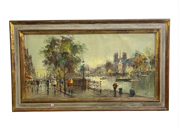 Antonio DeVity - Quadro óleo sobre tela representando vista urbana às margens de rio, com figuras, embarcações e catedral ao fundo, em composição de influência europeia. Assinado no canto inferior dir