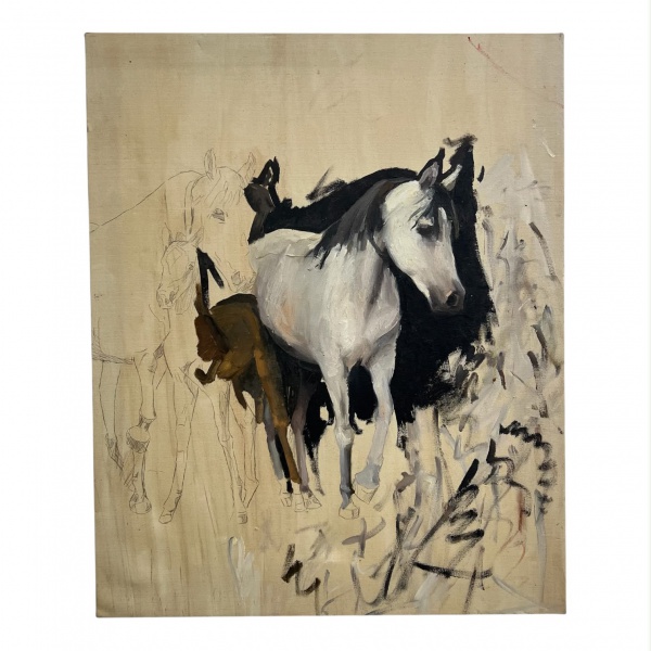 Quadro óleo sobre tela representando estudo de cavalos, em composição de caráter expressionista, com figuras parcialmente acabadas e pinceladas livres, lembrando a produção de Yoshiya Takaoka. Medindo
