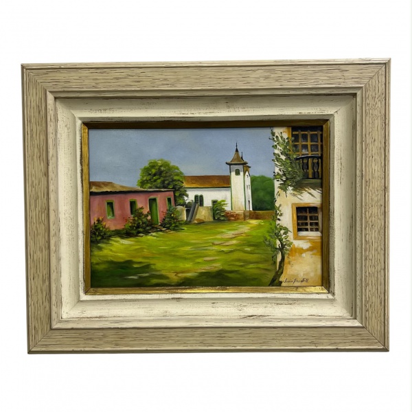 Lúcia Pimentel - Quadro em óleo sobre tela representando vista de casario colonial com igreja e caminho em primeiro plano. Assinado Luísa Pimentel no canto inferior direito. Medindo 39 x 48 cm. Com ma