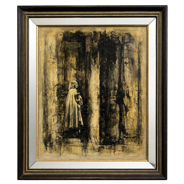 Quadro em Óleo sobre tela representando composição figurativa de caráter expressionista, com assinatura não identificada, com moldura em madeira e bordas espelhadas. Medidas: 94 x 81 cm (moldura) e 72