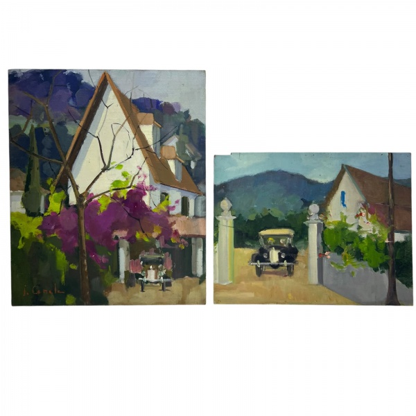 Par de pinturas em óleo sobre eucatex, representando residências e automóveis de época. Medindo a maior 46 x 38 cm. Apresentam marcas do tempo e pequenos desgastes compatíveis com a conservação.