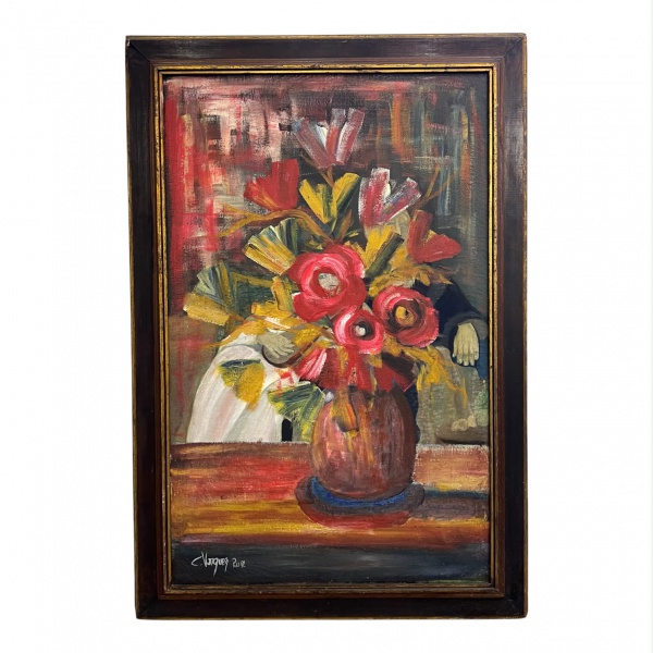 Carlos Vasquez - Quadro em óleo sobre tela, representando natureza-morta com arranjo floral em vaso, composição de caráter expressionista, com pinceladas vigorosas e rica variação cromática. Assinado