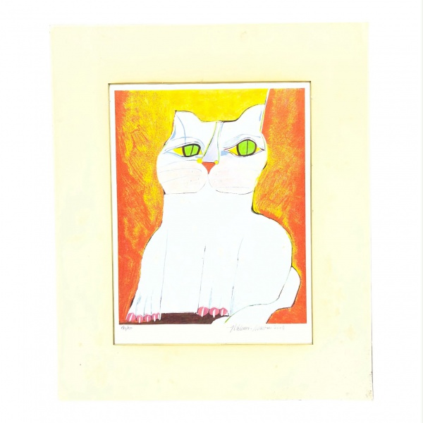 Aldemir Martins - Serigrafia representando gato branco em composição estilizada, assinada, datada e numerada 145/150 na margem inferior. Medidas 65 x 55 cm (externas) e 45 x 34 cm (internas). Apresent