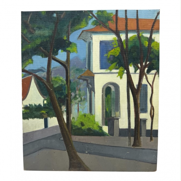 Quadro em óleo sobre eucatex, representando paisagem urbana com edificação entre árvores, em composição de caráter figurativo. Medindo 68 x 58 cm. Apresenta marcas do tempo e desgastes.
