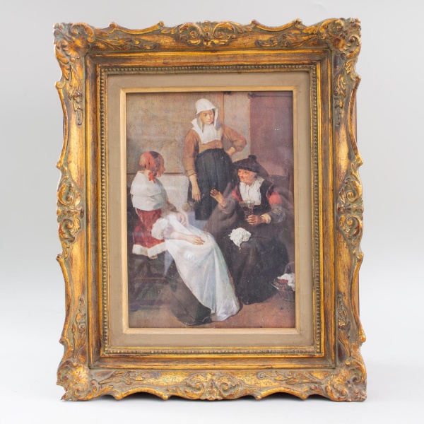 Reprodução de pintura de cena de gênero europeia, emoldurada, medindo 41 x 33 cm (medida total) e 27 x 18 cm (imagem). Moldura ricamente ornamentada com desgastes, perdas na policromia e marcas do tem