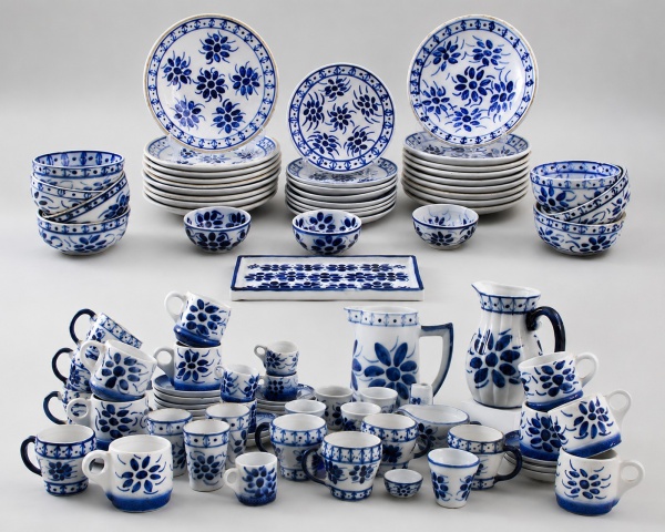 Lote composto por conjunto de porcelana Porcelana Monte Sião (MG), decoração floral em tons de azul sobre fundo branco, incluindo 18 pratos rasos, 8 pratos de sobremesa, 7 tigelas, 3 tigelas pequenas,