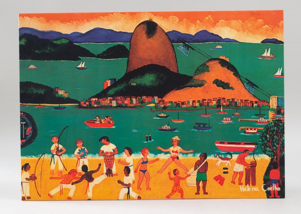 Helena Coelho - Impressão representando paisagem da orla do Rio de Janeiro com vista para o Pão de Açúcar e cenas de lazer à beira-mar em composição policromada, vendido no estado em que se encontra,
