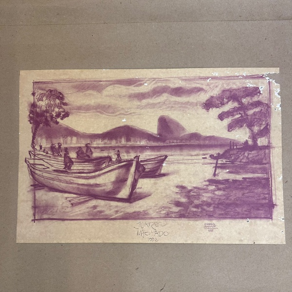 Litografia assinada por Juarez Machado, intitulada Copacabana e datada de 1991 na matriz, representando embarcações em primeiro plano com paisagem da Baía de Guanabara ao fundo, assinada e datada a lá