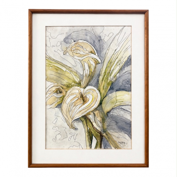 Aquarela sobre papel, assinada Mirtilla, datada de 1999, representando composição floral; medidas 40 x 53 cm (externa) e 28 x 41 cm (interna); apresenta marcas do tempo na moldura e no passe-partout.
