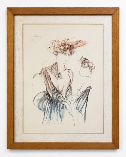 Gravura em papel, assinada por Guilherme de Faria, datada de 1984, edição 12/60, intitulada Esboço; medidas 97 x 77 cm (externa) e 55 x 75 cm (interna); apresenta marcas do tempo, manchas de umidade n
