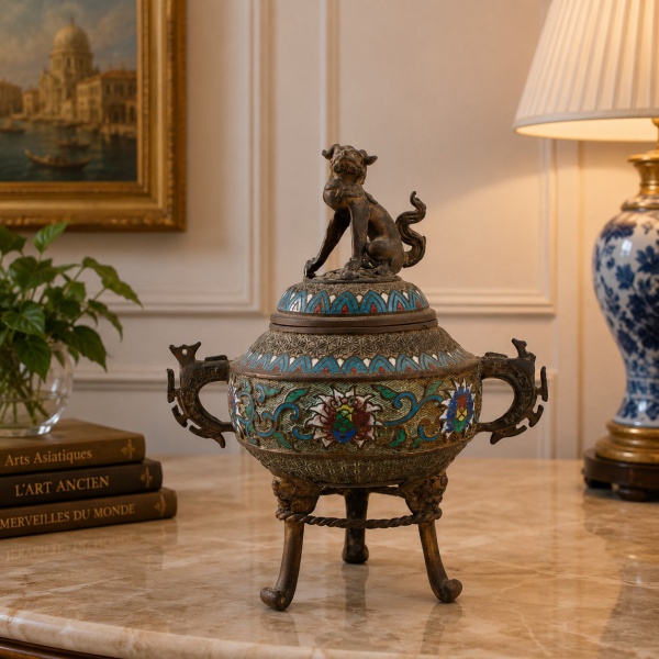 Incensário chinês em bronze e esmalte cloisonné, corpo globular assentado sobre três pés em garra ligados por argola torcida, ostentando decoração policromada em tons de azul, vermelho, branco e verde