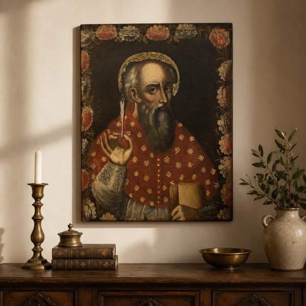 Quadro em óleo sobre tela representando santo bispo em retrato frontal, com vestes litúrgicas ricamente ornamentadas em dourado e moldura floral; medindo 73 x 53 cm; apresenta craquelê generalizado, p