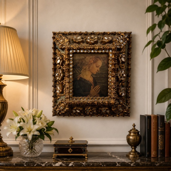 Gravura representando a Virgem em oração, emoldurada em rica moldura entalhada e dourada com aplicações decorativas; medidas externas 66 x 60 cm e internas 31 x 25 cm; apresenta sinais de uso, desgast