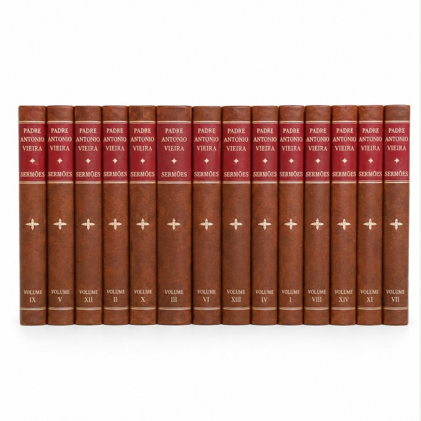 Coleção com 15 volumes da obra Sermões, de Padre Antônio Vieira, em capa dura. Coleção incompleta, com desgastes nas capas e lombadas, além de marcas do tempo.