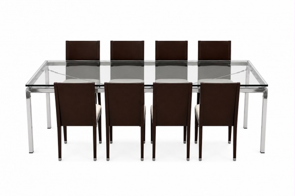 Mesa de jantar contemporânea com tampo de vidro temperado e estrutura metálica cromada, medindo 77 cm de altura, 180 cm de largura e 100 cm de profundidade, acompanhada de 10 cadeiras em madeira de to