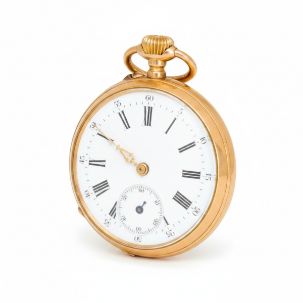 Relógio de bolso em ouro amarelo 18k, provavelmente suíço/francês, fim do séc. XIX/início do XX, mostrador em esmalte branco com algarismos romanos e segundeiro independente às 6 horas, tampa traseira