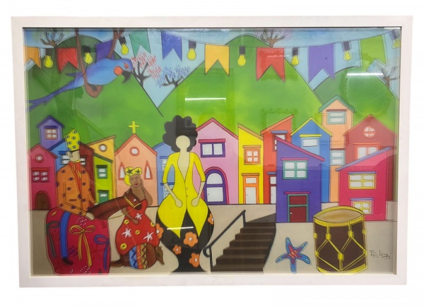 THAÍS IBAÑEZ- Óleo sobre tela, representando cena figurativa com personagens e casario estilizado em cores vibrantes, protegida por vidro e acondicionada em moldura branca, medindo 115 x 166 cm, apres