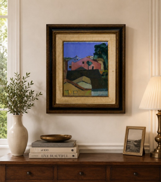 Quadro de Jenner Augusto, óleo sobre tela intitulado Casario, datado de 1955, representando casario urbano, assinado, medindo 37 x 45 cm (obra) e 56 x 75 cm (moldura), acondicionado em moldura de made