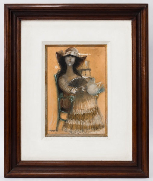 Quadro de Alexandre Rapoport, técnica mista representando figura feminina com leque e ave, medindo 19 x 28 cm (obra) e 47 x 56 cm (moldura), acondicionado em moldura de madeira com amplo paspatur, apr