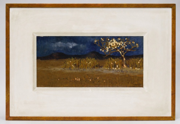 Quadro de Aluísio Carvão, óleo sobre eucatex representando paisagem com árvore florida, medindo 30 x 14 cm (obra) e 47 x 31 cm (moldura), acondicionado em moldura de madeira com amplo paspatur, aprese