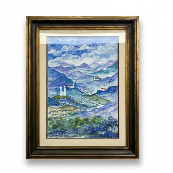 Quadro de Holmes Neves, datado de 1990, óleo sobre tela representando vista panorâmica de São João del-Rei, medindo 91 x 72 cm (medidas externas da moldura) e 66 x 47 cm (medidas internas da obra), ac