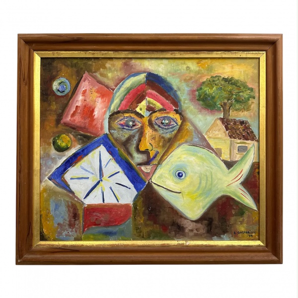 Quadro abstrato de Eduardo Gasparian, datado de 1979, óleo sobre tela com composição de influência cubista, medindo 72 x 63 cm (medidas externas da moldura) e 60 x 50 cm (medidas internas da obra), ac