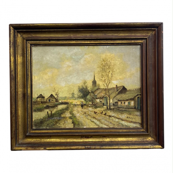 Quadro Vista de Cidade, de A. Rutgers, óleo sobre tela representando paisagem urbana com casario, igreja e figuras em caminho rural, medindo 33 x 28 cm (medidas externas da moldura) e 25 x 20 cm (medi