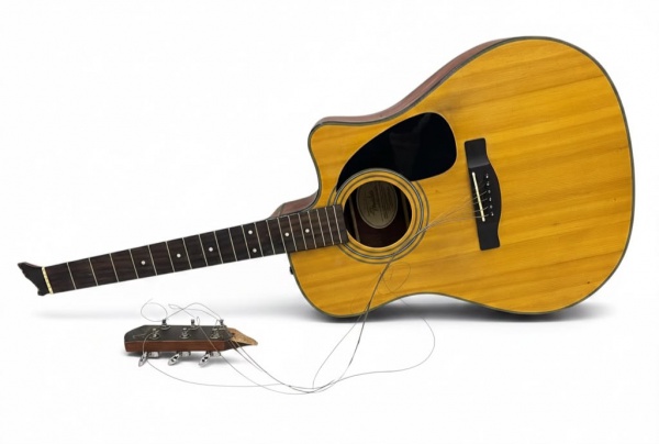 Violão eletroacústico Fender modelo CD-100CE NAT, com captação e afinador integrados, acompanhado de bag de transporte, vendido no estado, sem testes de funcionamento, apresentando braço quebrado, cor