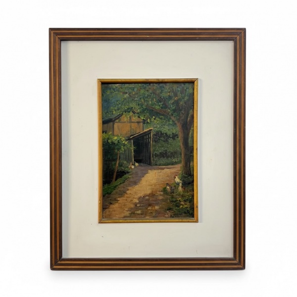 Salvatore Parlagreco - Óleo sobre eucatex representando paisagem rural com galináceos, acondicionado em moldura de madeira com passe-partout, medindo 53 43 cm (medida externa) e 30 20 cm (medida da ob