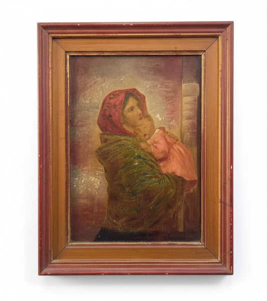 Pintura a óleo sobre eucatex retratando figura feminina com criança, com assinatura não identificada, medindo 19 x 28 cm a área interna e 36 x 28 cm com a moldura, apresentando desgastes na camada pic