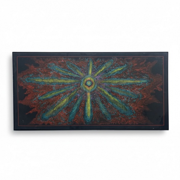 Quadro executada em técnica mista sobre tela, com assinatura não identificada e datada de 1983, composição abstrata de forte impacto visual com formas radiais em policromia sobre fundo escuro, medindo