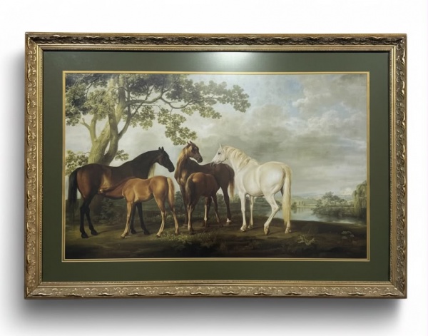 Reprodução artística emoldurada da obra George Stubbs The Tate Gallery, London, representando cavalos em paisagem campestre, protegida por vidro e acondicionada em moldura de madeira com acabamento do
