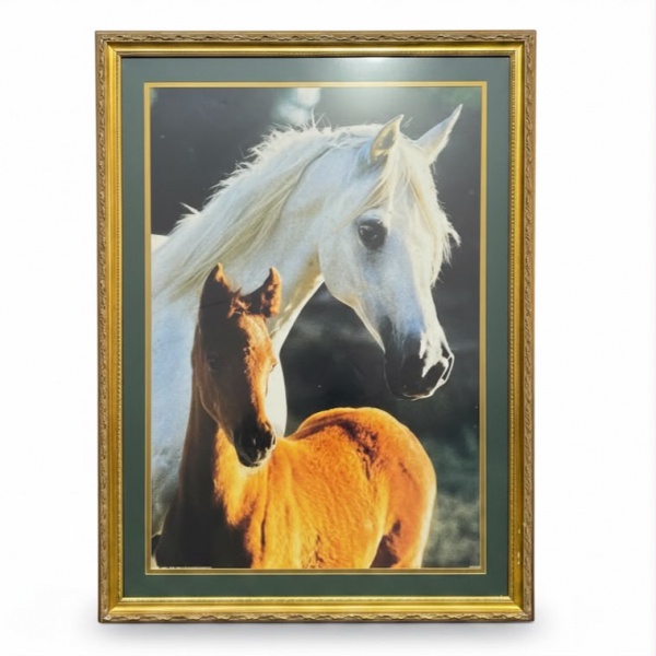 Reprodução artística emoldurada representando égua branca com potro, protegida por vidro e acondicionada em moldura de madeira com acabamento dourado e paspatur verde, medindo 120 x 88 cm (medidas ext