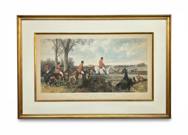 Gravura emoldurada Fox Hunting Plate 3: The Run, da série Fores National Sports, representando cena de caça à raposa com cavaleiros em trajes tradicionais ingleses, acondicionada em moldura de madeira