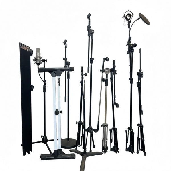 Lote composto por pedestais para microfone, pedestal para teclado, suporte para caixas acústicas e acessórios diversos para áudio e gravação, em metal e materiais sintéticos, vendidos no estado em que