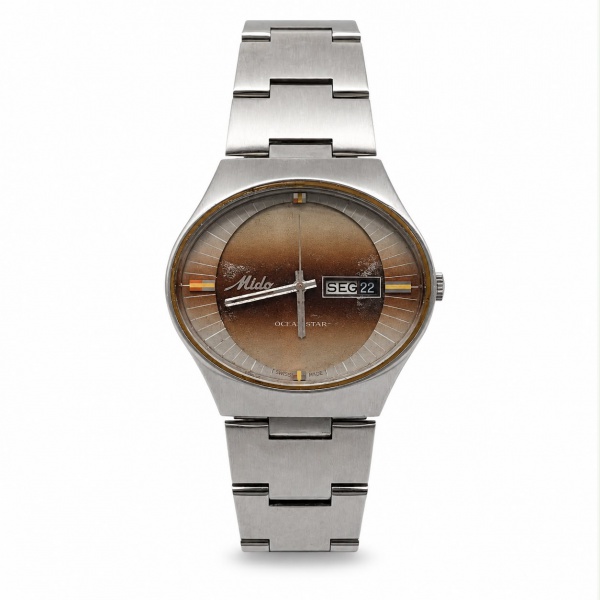 Relógio de pulso Mido Ocean Star, original, de fabricação suíça, com caixa e pulseira em aço inox, mostrador marrom degradê com calendário duplo (dia da semana e data), movimento automático, testado, 