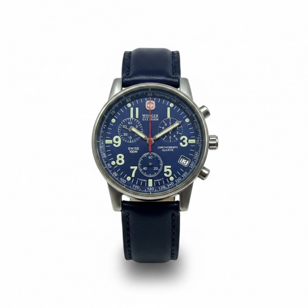 Relógio de pulso Wenger S.A.K. Design, original, modelo cronógrafo, com caixa em aço inoxidável, mostrador azul com três submostradores, escala taquimétrica, calendário, movimento a quartzo, resistent