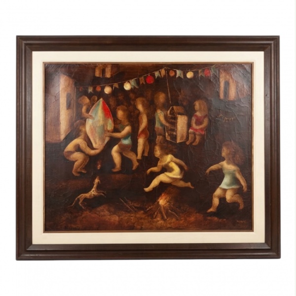 ORLANDO TERUZ (Rio de Janeiro, 1902 1984). "Festa Junina" (cena de crianças em folguedo). Óleo sobre tela, assinado no canto inferior direito e datado de 1973. Composição figurativa característica da