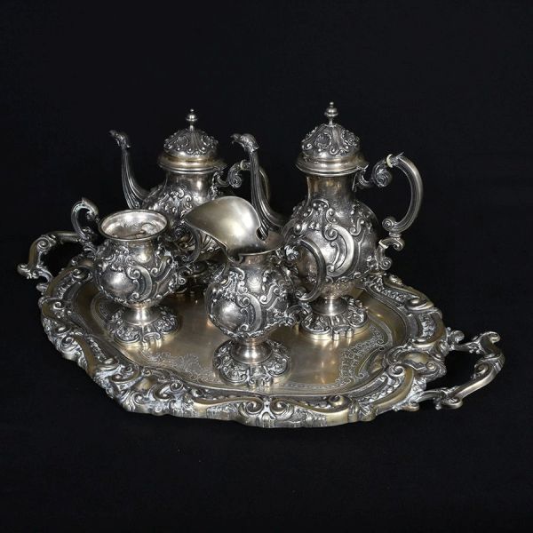 Joias . Aparelho de ché e café de prata portuguesa  Águia com punção de garantia de ...