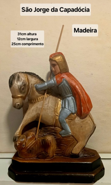 Joias . Linda Estátua escultura São Jorge Arte Sacra Santo em madeira 31x25x12cm. São ...