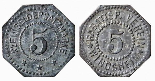 Joias . CIDADE DE WINDSHEIM ( ESTADO DA BAVARIA ) 5 PFENNIG ND . ZINCO 1.6 GRAMAS, 19.3 ...