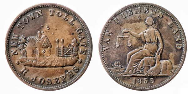 Joias . TASMANIA ( ESTADOS AUSTRALIANOS ) ONE PENNY 1855. COBRE 14.42 GRAMAS, 34 MM. ...