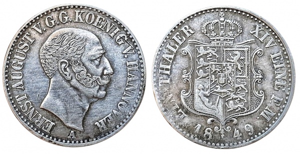 Joias . REINO DE HANNOVER 1 THALER 1849 A. PRATA 750% 22.72 GRAMAS, 33 MM. ERNEST ...