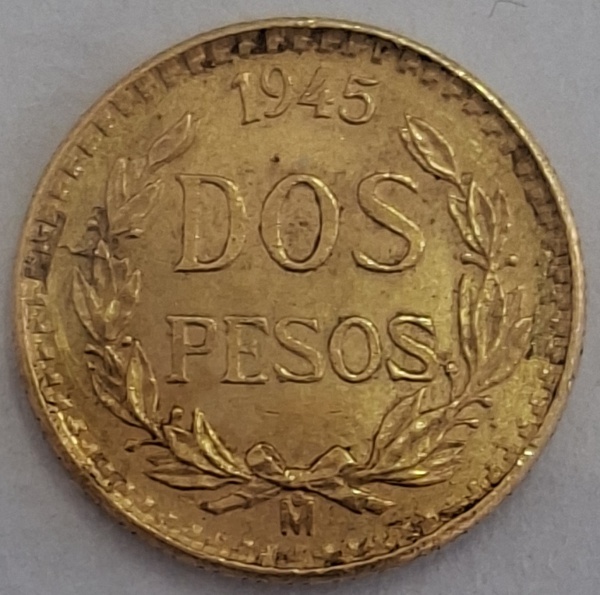 Joias . MOEDA DE OURO MÉXICO 2 PESOS 1945 - 13nn - 1,67g - AU900 - TIRAGEM 140.000 PEÇAS