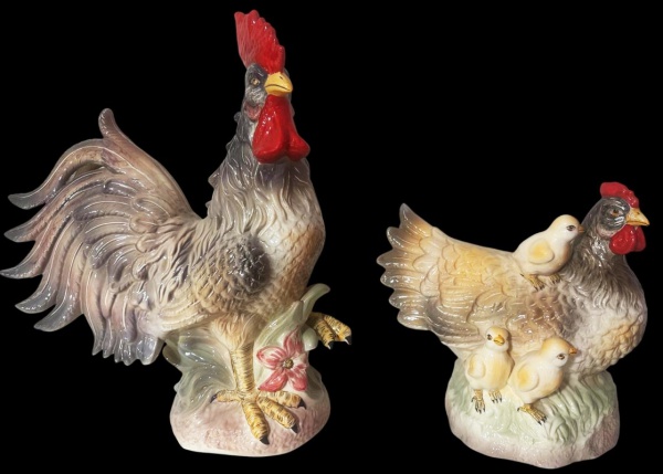 Joias . Icônico e belo grupo escultórico "GALO, GALINHA E PINTINHOS "de grandes ...