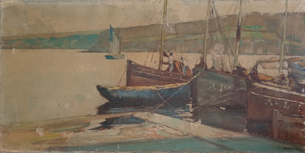 Arte . PANCETTI, JOSÉ, óleo sobre tela. "Marinha com barcos e figuras", ...