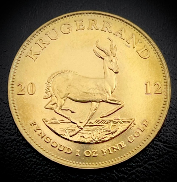 Moeda de ouro 22k, Onça de ouro Krugerrand 2012, moeda África do Sul, diâmetro 3,3 cm, peso 33,96g