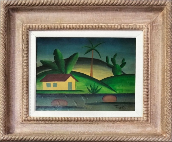 Arte . Tarsila do Amaral, Paisagem com Casinha e lago - óleo sobre tela medindo 27 x ...