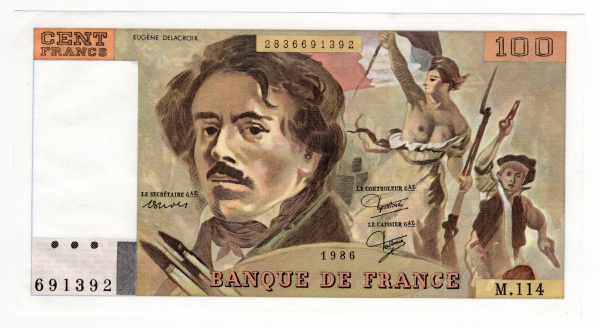 Joias . Cédula França - 100 Francos 1986 - Eugène Delacroix ao centro - P-153 - SOB/FE